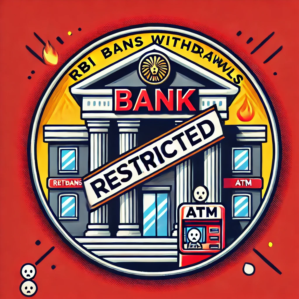 "A breaking news thumbnail featuring a bank building with a 'RESTRICTED' stamp across it. The background should be red and yellow for urgency, with bold white and black text that says 'RBI BANS WITHDRAWALS'. Include an icon of worried customers near an ATM. The design should be eye-catching and professional."